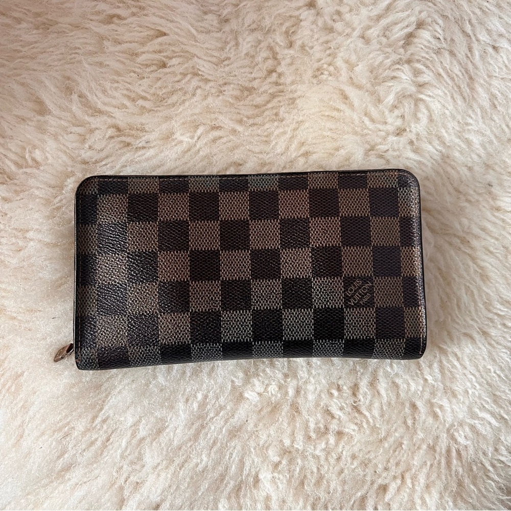 Louis Vuitton Damier Ebene Long Wallet Zip Brown Leather Canvas Authentic